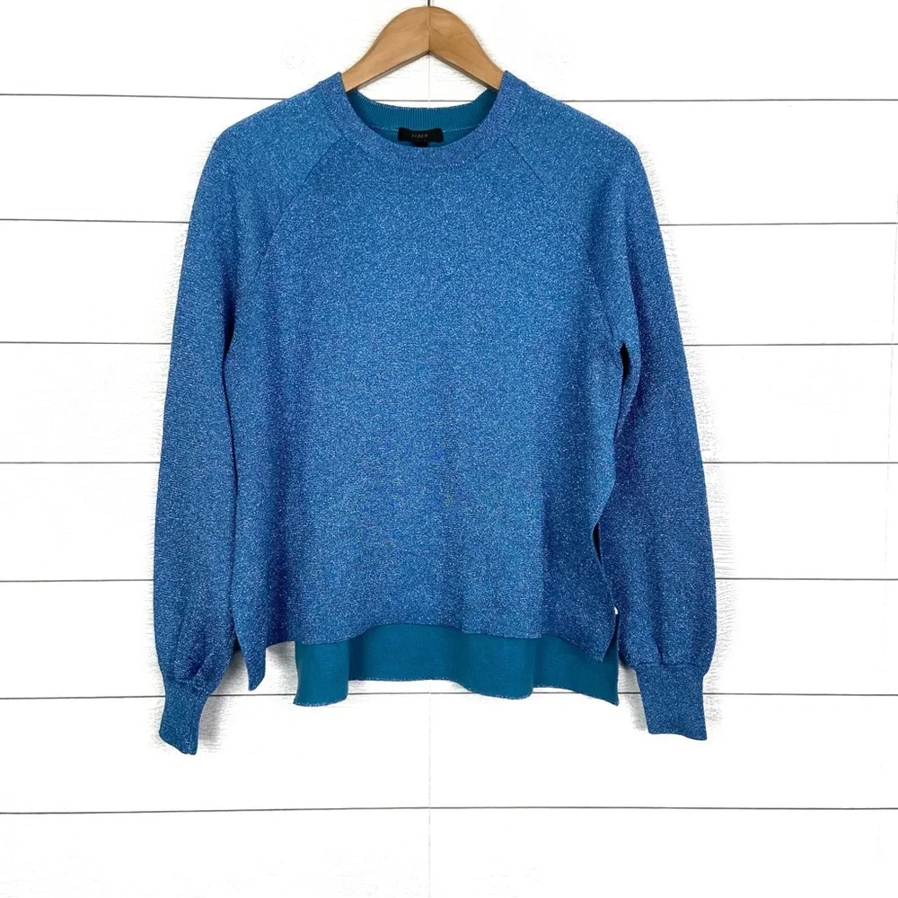 NWT JCREW Blue Sparkle Shimmer Side Slit Crew Sweater Metallic Medium New